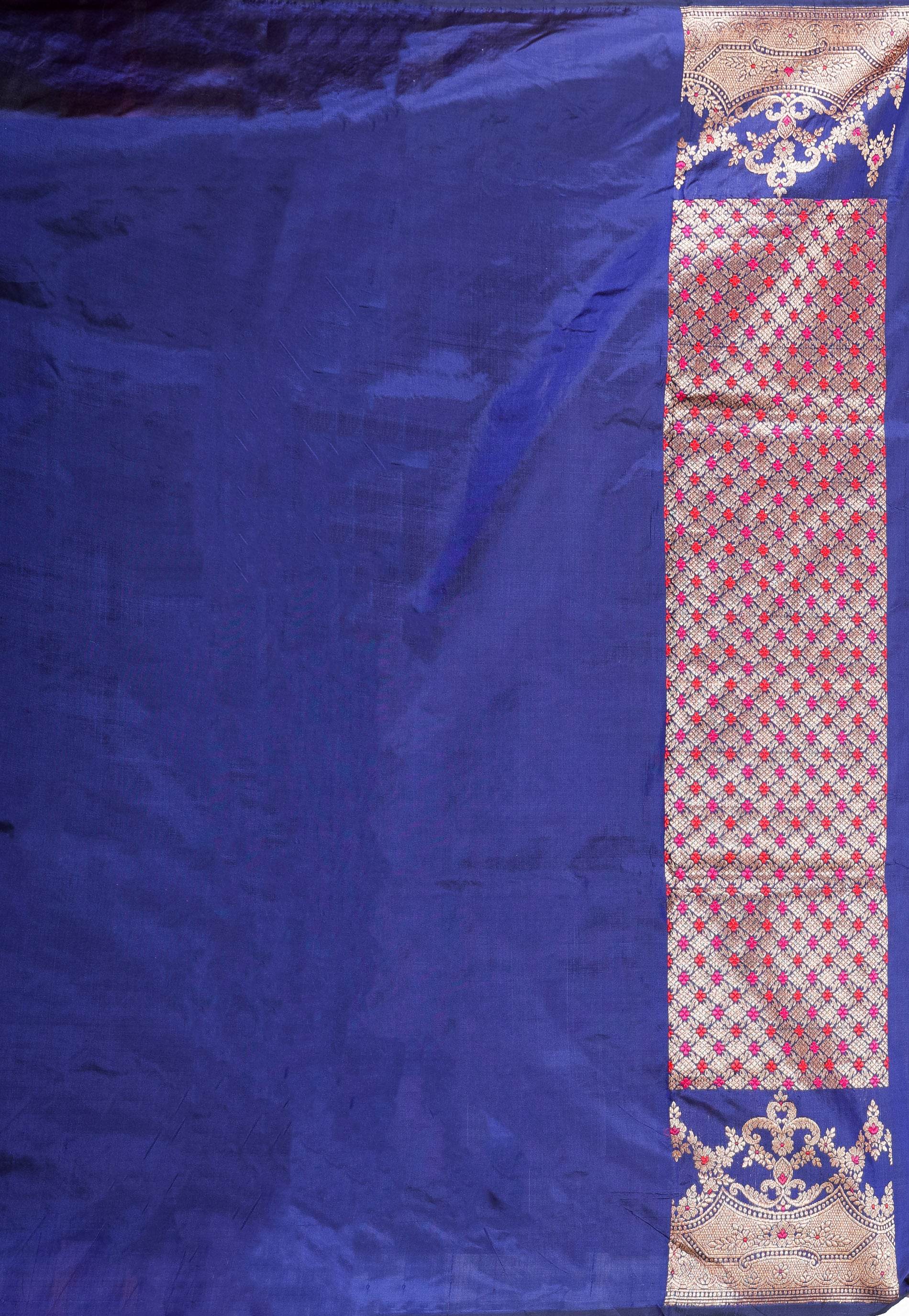 Navy Blue with Minakari Border Kadwa Katan Pure Silk Saree With Blouse Piece - Adi Akshoy & Co.