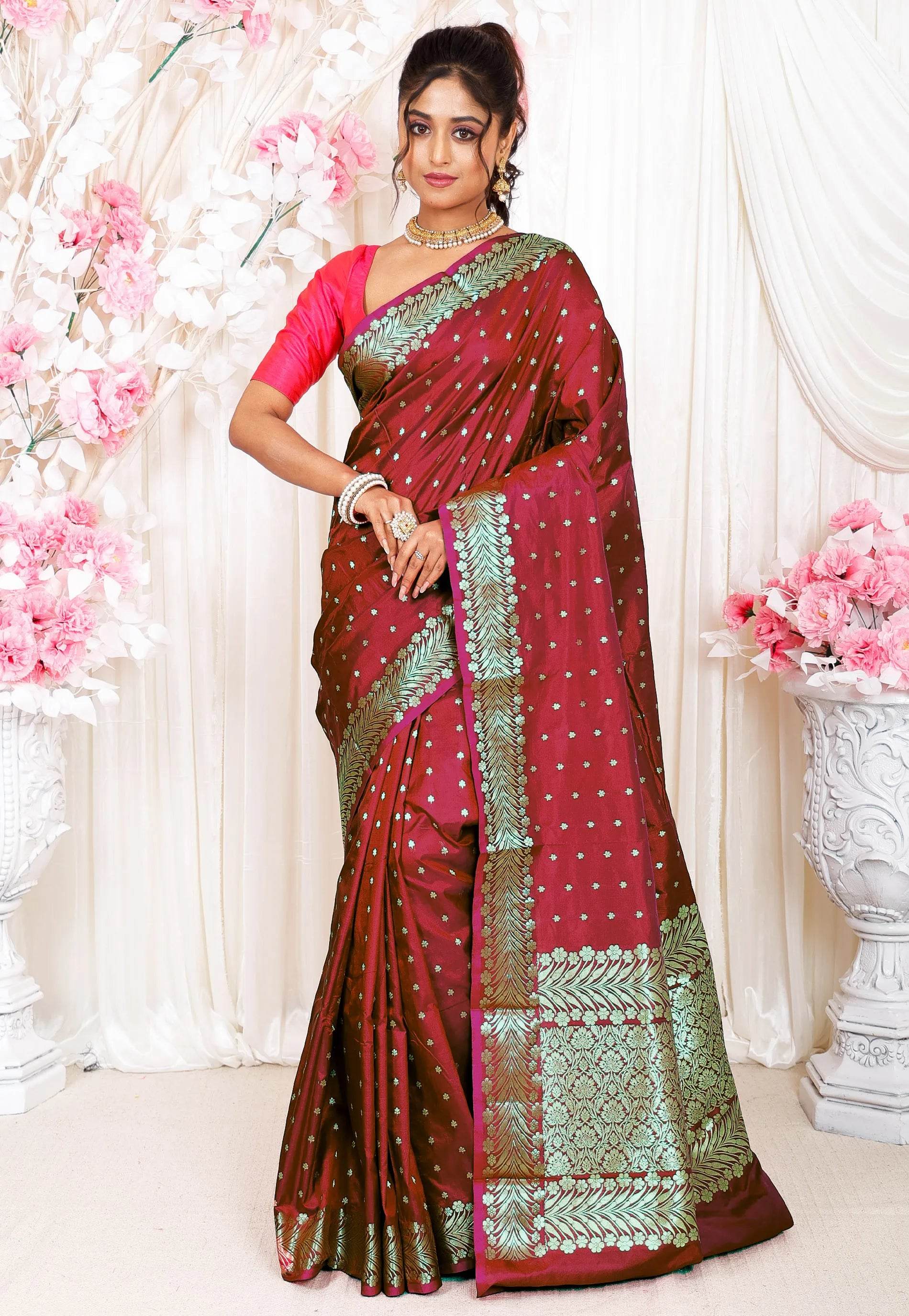 Rani Pink Katan Pure Silk Saree With Blouse Piece - Adi Akshoy & Co.