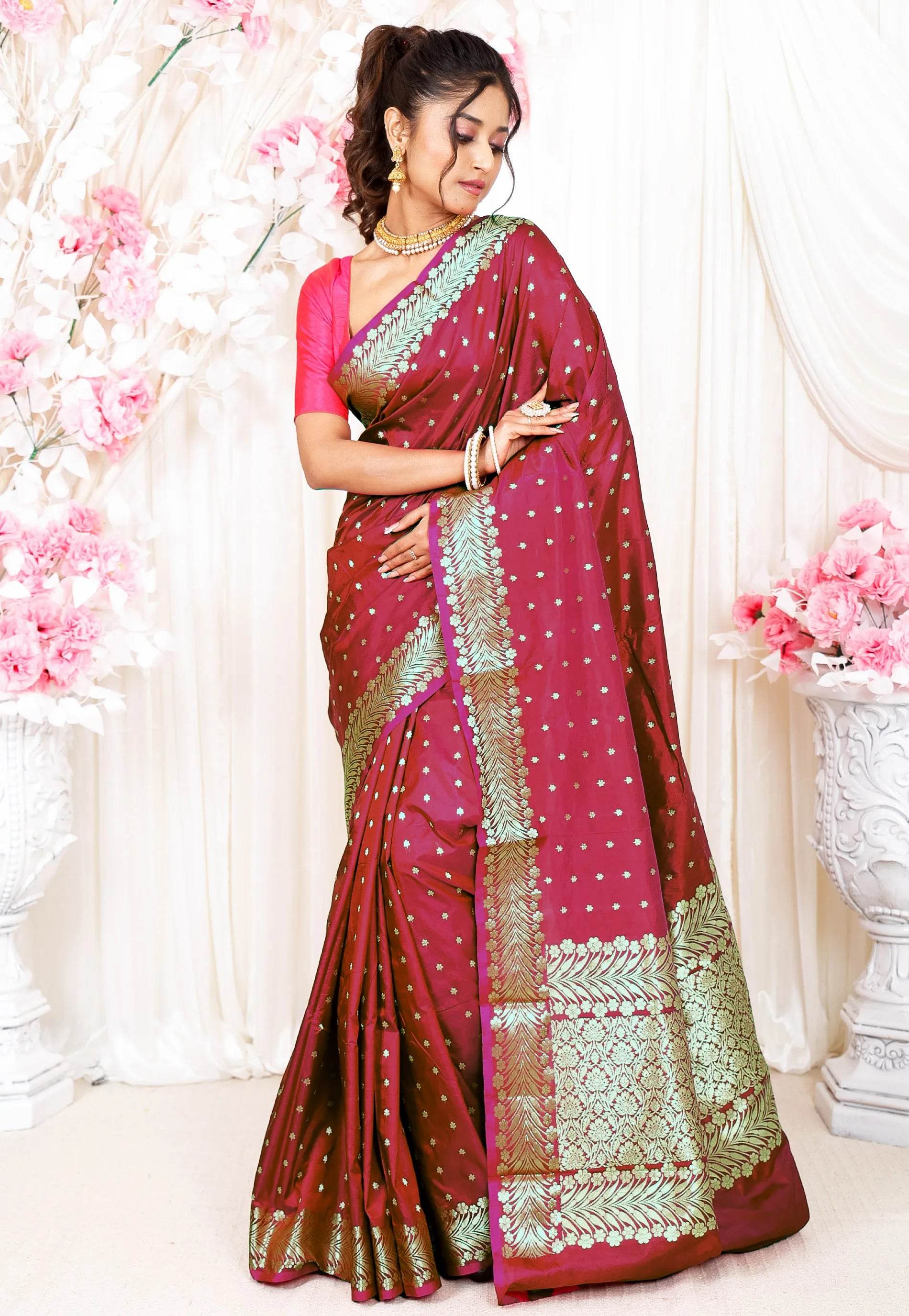 Rani Pink Katan Pure Silk Saree With Blouse Piece - Adi Akshoy & Co.