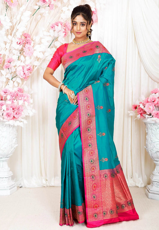 Feroza Blue with Rani Pink Minakari Border Kadwa Katan Pure Silk Saree With Blouse Piece - Adi Akshoy & Co.
