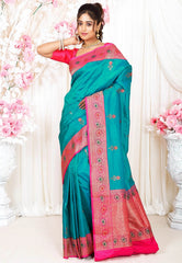 Feroza Blue with Rani Pink Minakari Border Kadwa Katan Pure Silk Saree With Blouse Piece - Adi Akshoy & Co.