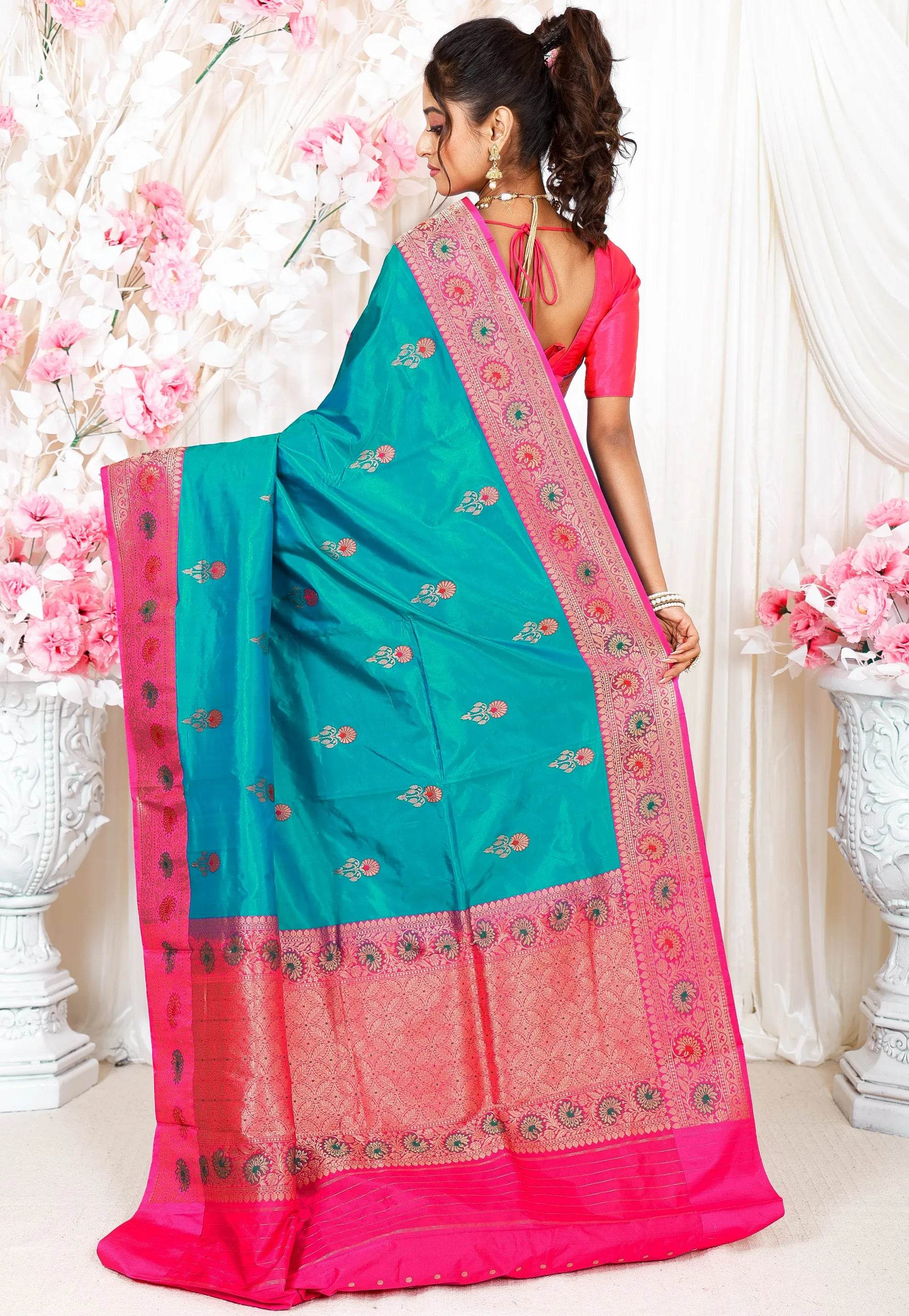 Feroza Blue with Rani Pink Minakari Border Kadwa Katan Pure Silk Saree With Blouse Piece - Adi Akshoy & Co.