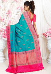 Feroza Blue with Rani Pink Minakari Border Kadwa Katan Pure Silk Saree With Blouse Piece - Adi Akshoy & Co.
