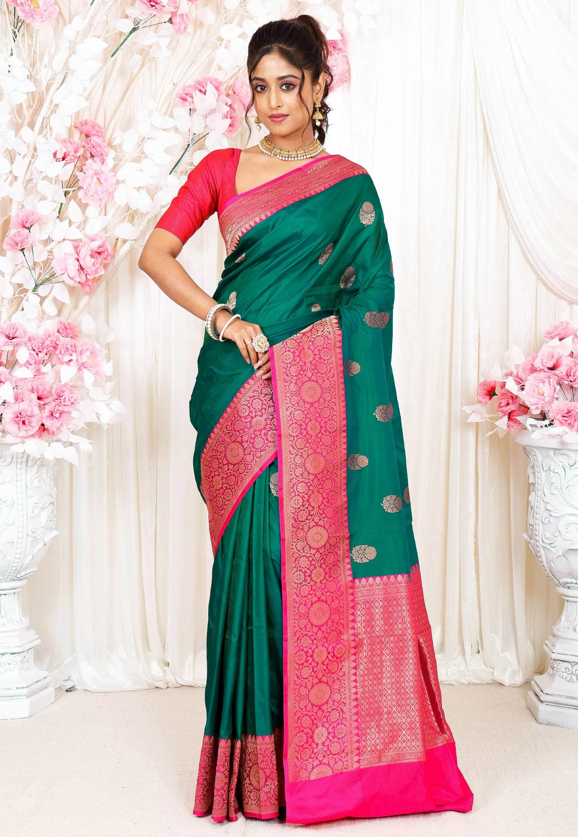 Cross Green with Rani Pink Border Katan Silk Saree With Blouse Piece - Adi Akshoy & Co.
