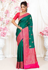 Cross Green with Rani Pink Border Katan Silk Saree With Blouse Piece - Adi Akshoy & Co.