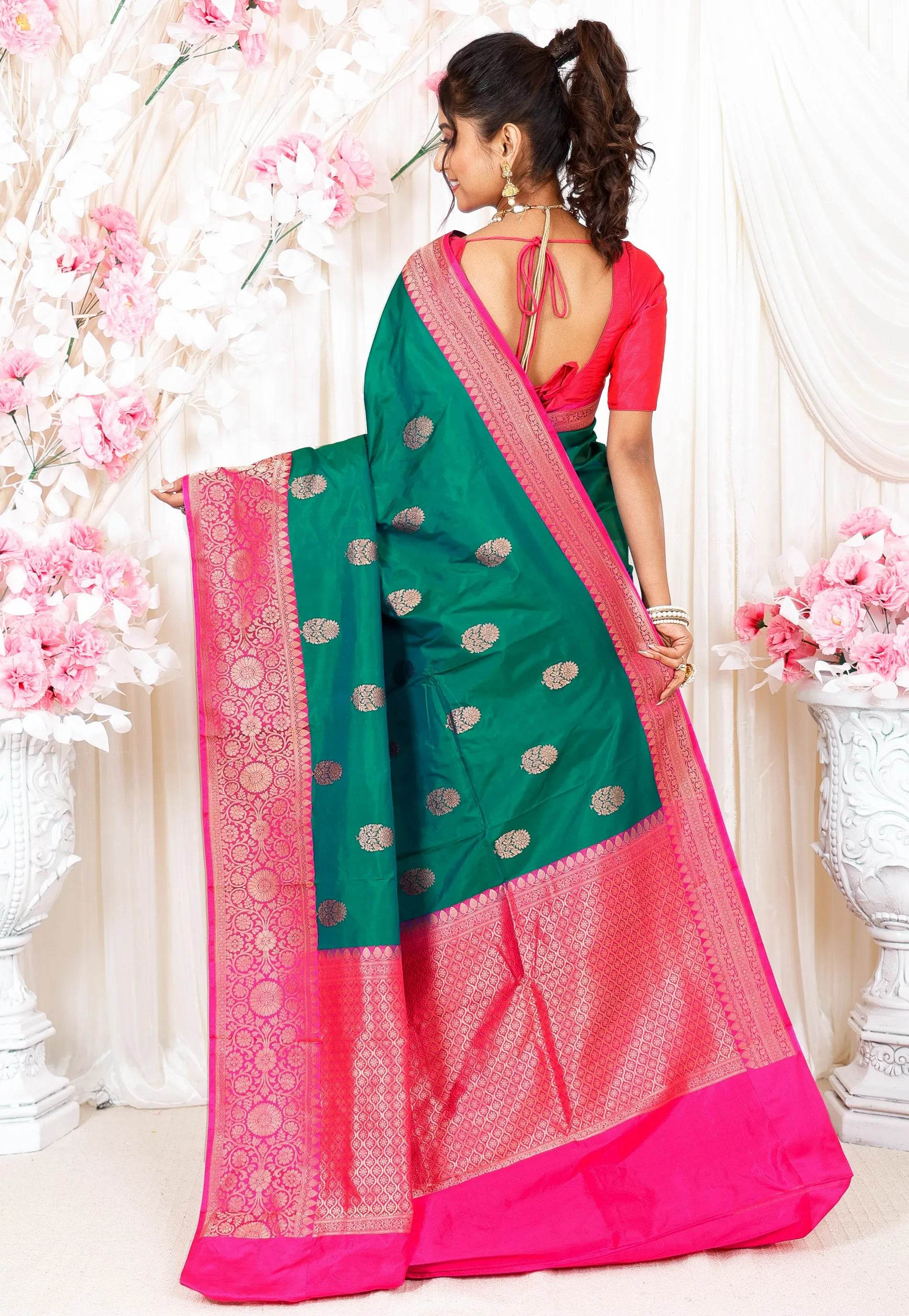 Cross Green with Rani Pink Border Katan Silk Saree With Blouse Piece - Adi Akshoy & Co.
