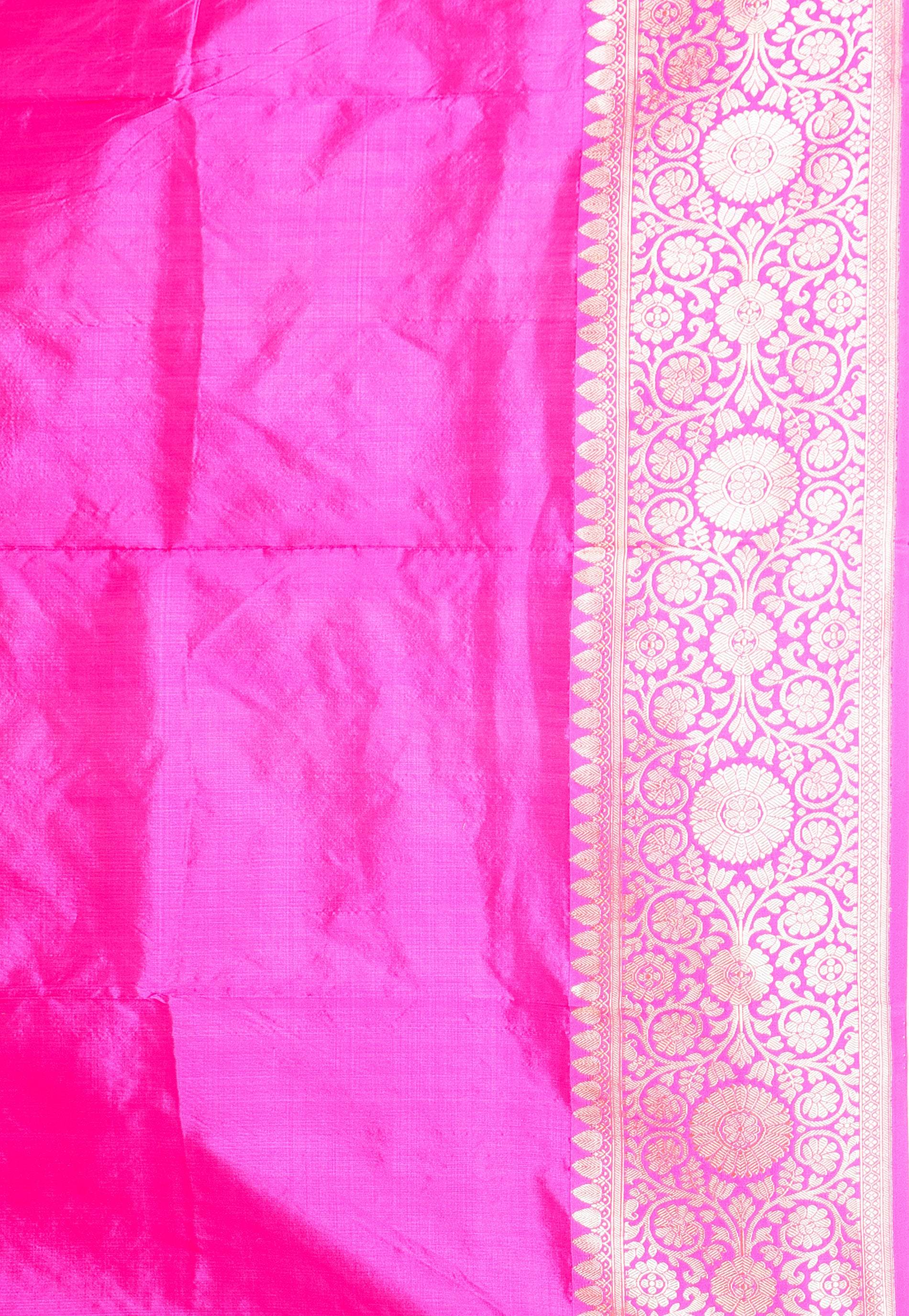 Cross Green with Rani Pink Border Katan Silk Saree With Blouse Piece - Adi Akshoy & Co.