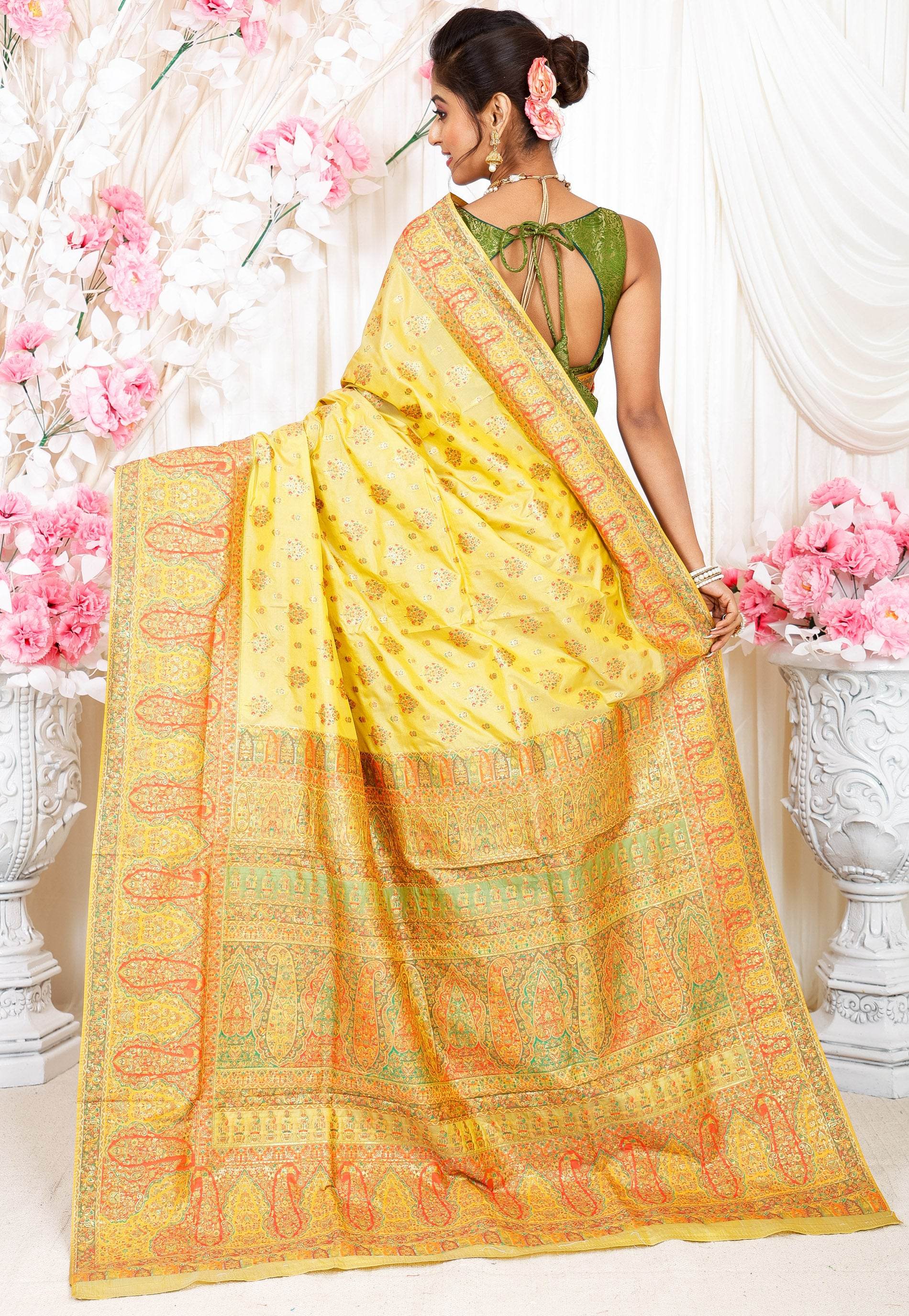 Lemon Yellow Kani Silk Saree With Blouse Piece - Adi Akshoy & Co.