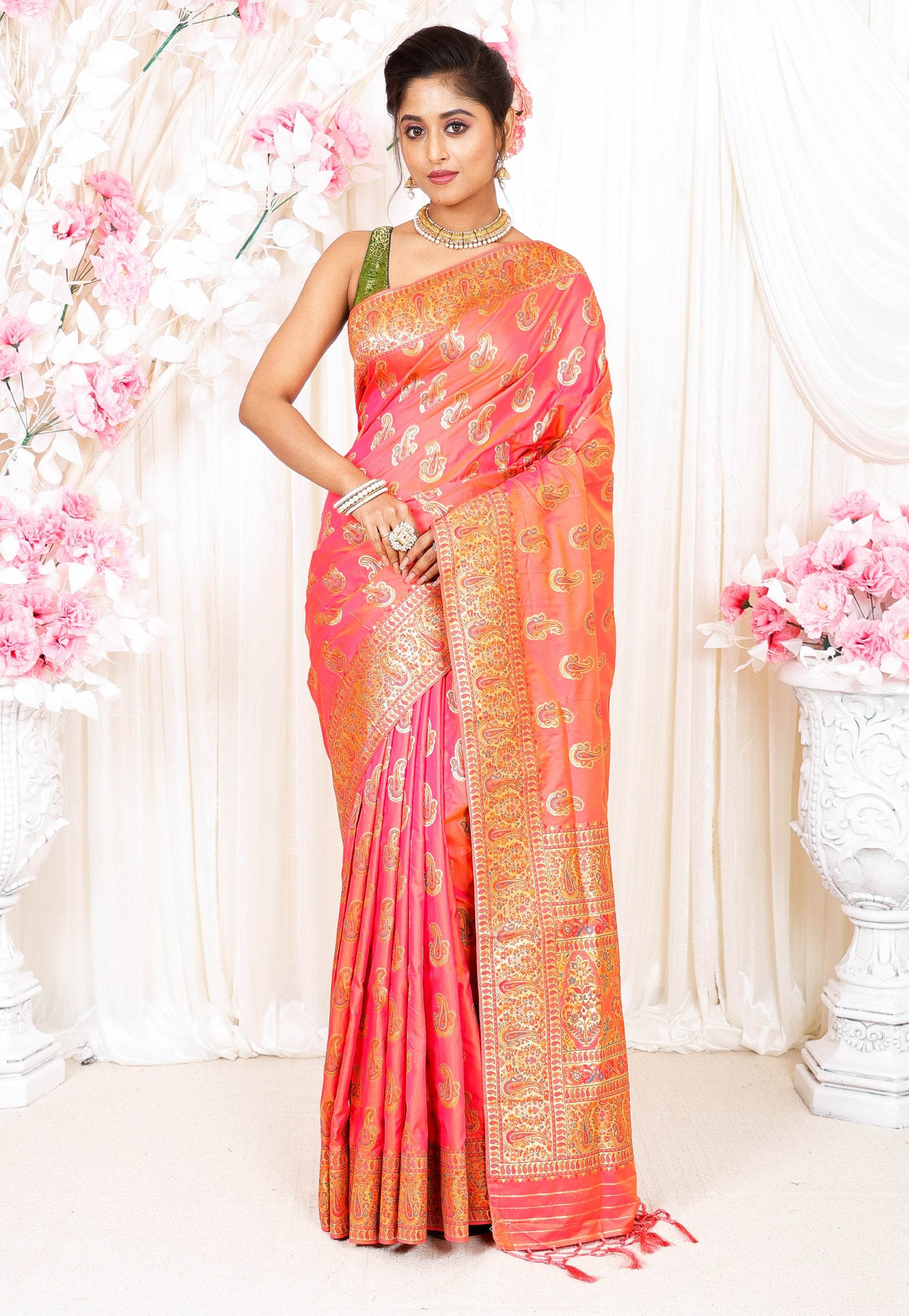 Rani Pink Kani Silk Saree With Blouse Piece - Adi Akshoy & Co.