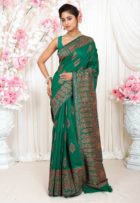 Green Kani Silk Saree With Blouse Piece - Adi Akshoy & Co.