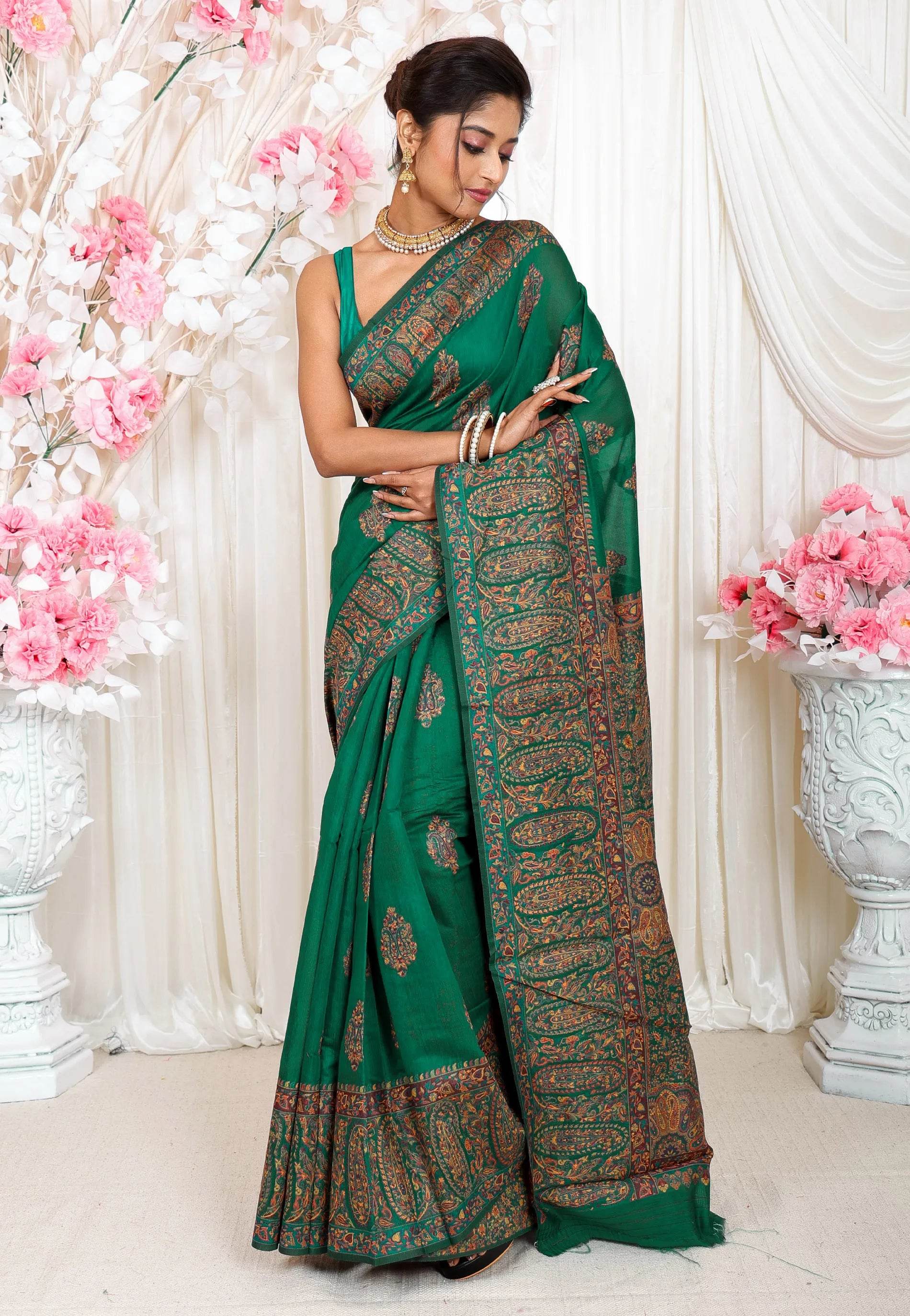 Green Kani Silk Saree With Blouse Piece - Adi Akshoy & Co.