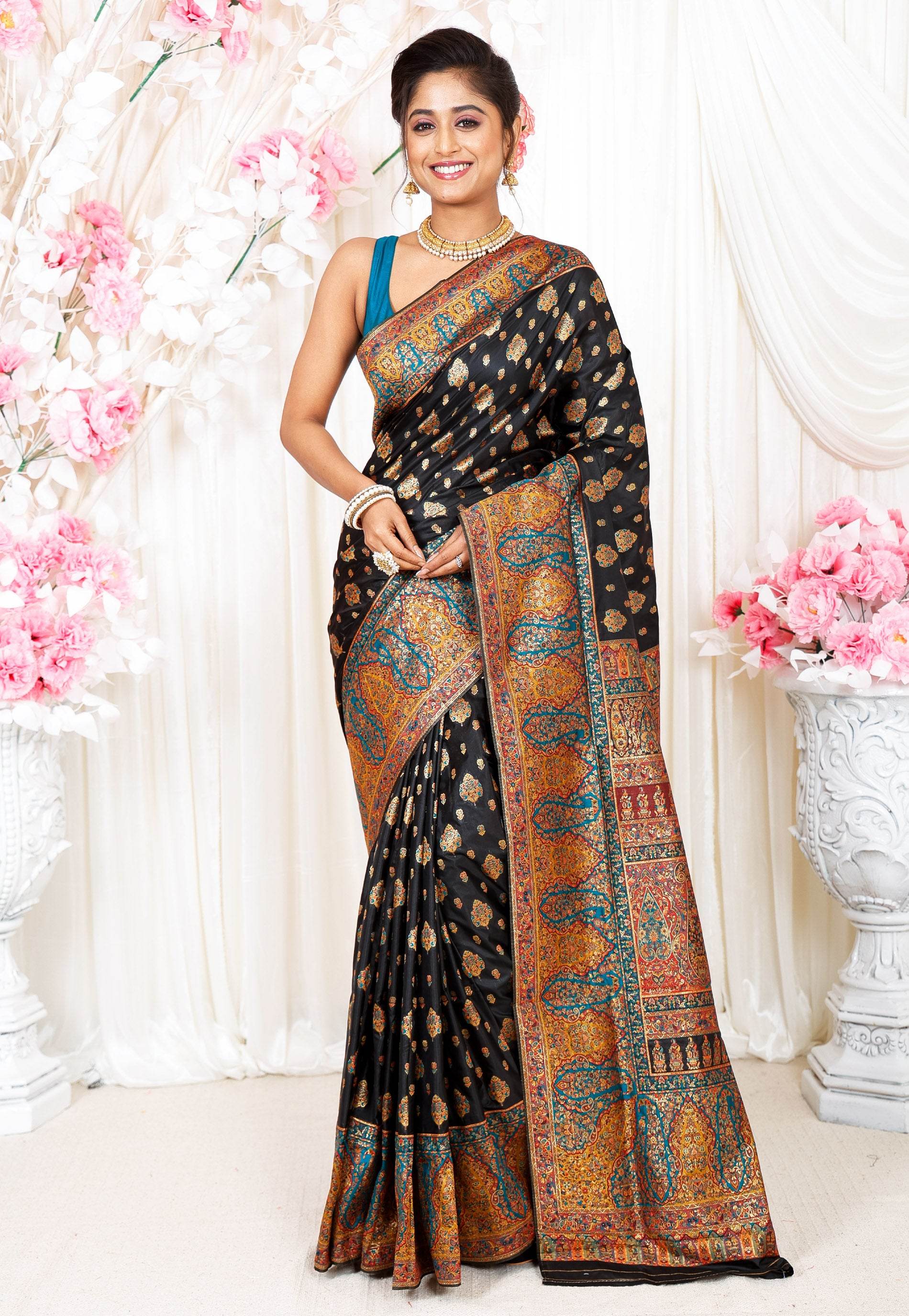 Black Kani Silk Saree With Blouse Piece - Adi Akshoy & Co.