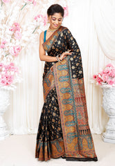 Black Kani Silk Saree With Blouse Piece - Adi Akshoy & Co.