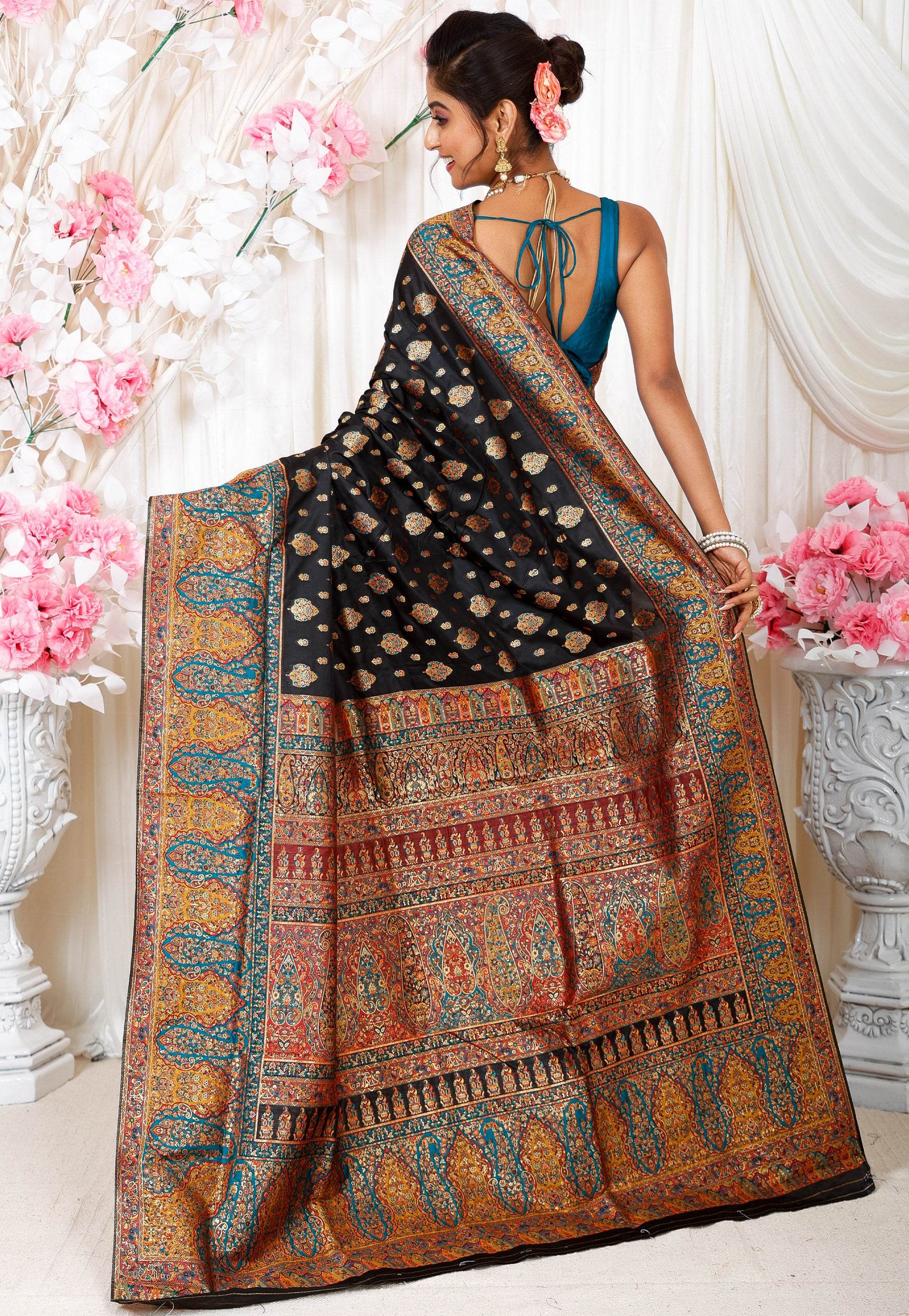 Black Kani Silk Saree With Blouse Piece - Adi Akshoy & Co.