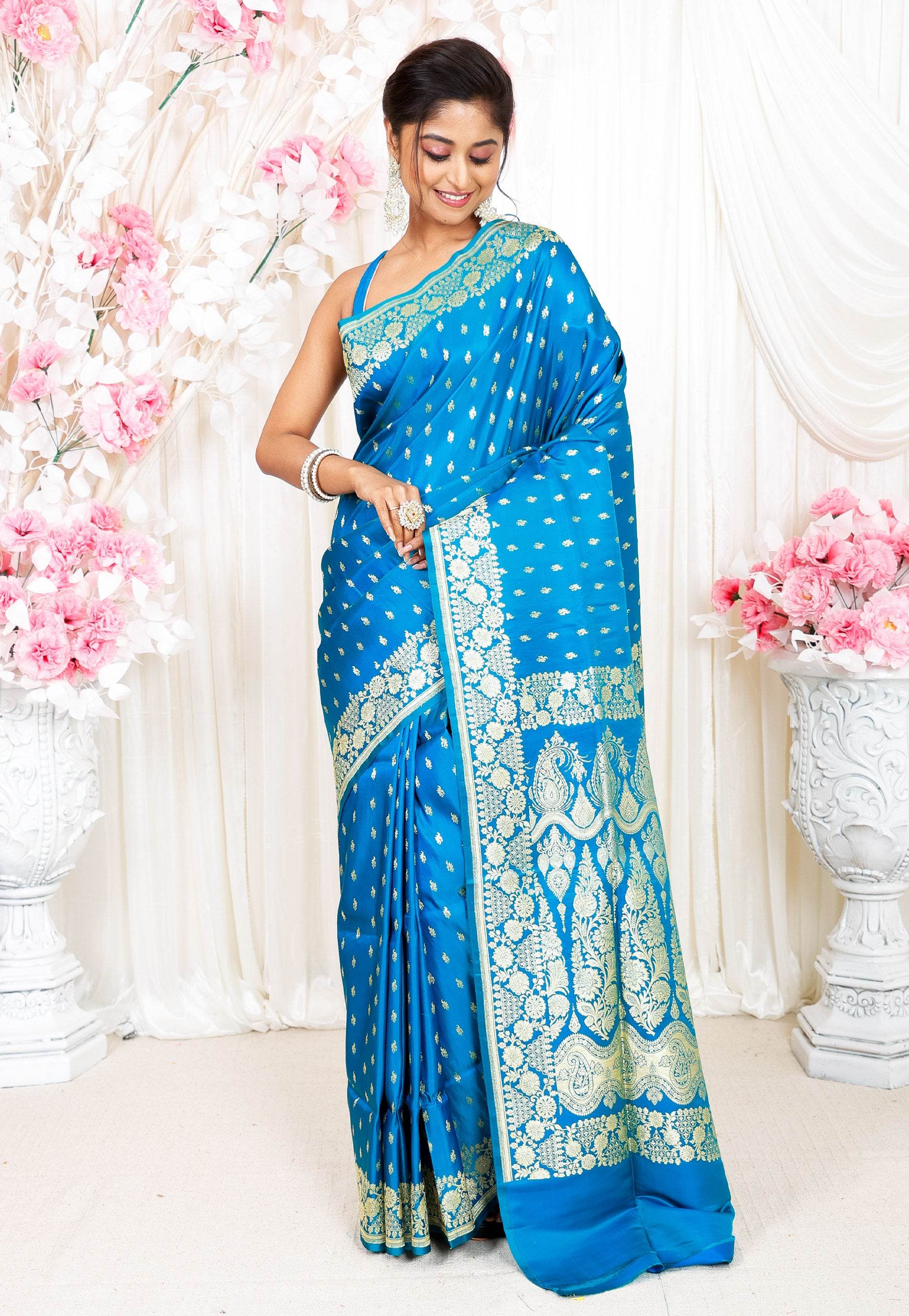 Feroza Blue Wedding Banarasi Silk Saree with Blouse Piece - Adi Akshoy & Co.