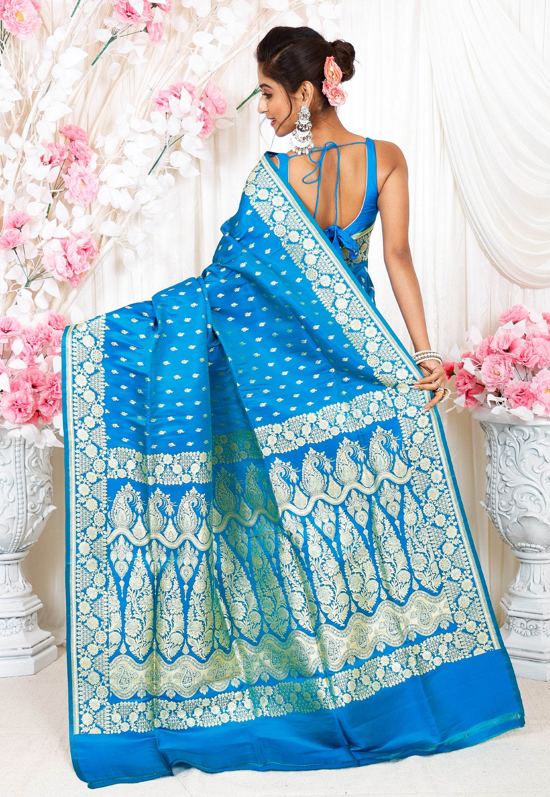 Feroza Blue Wedding Banarasi Silk Saree with Blouse Piece - Adi Akshoy & Co.