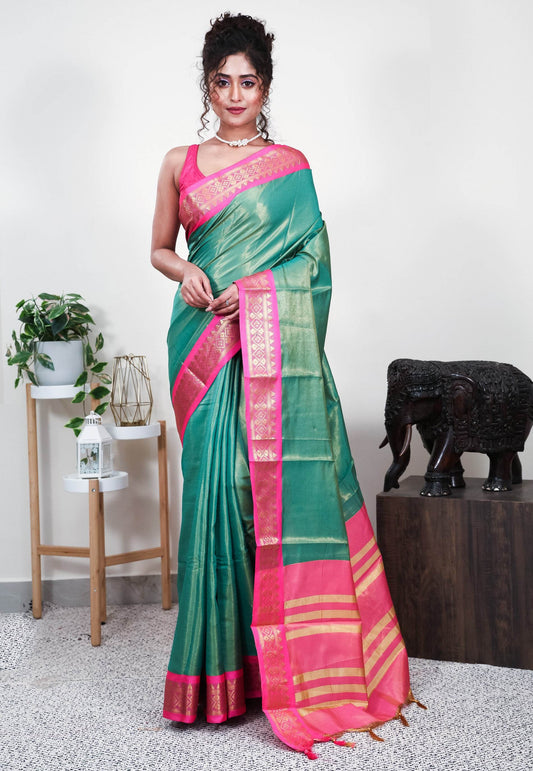 Green Tissue Silk Saree With Blouse Piece - Adi Akshoy & Co.