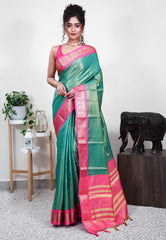 Green Tissue Silk Saree With Blouse Piece - Adi Akshoy & Co.