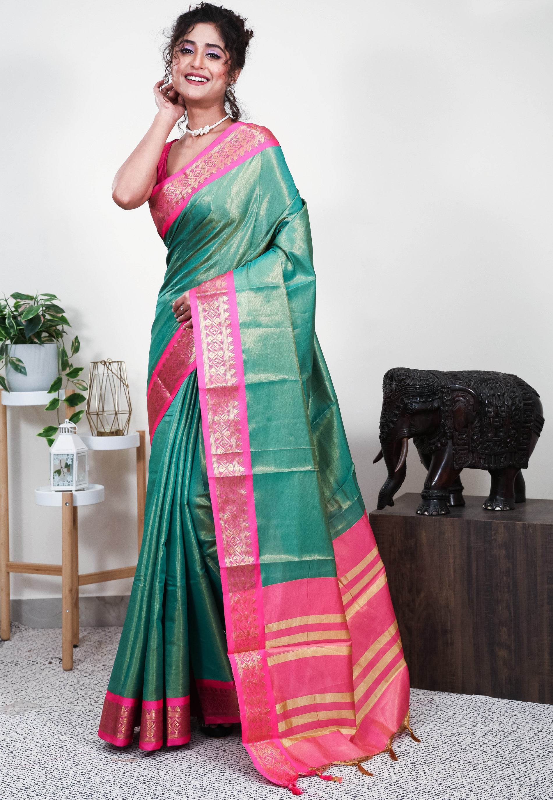 Green Tissue Silk Saree With Blouse Piece - Adi Akshoy & Co.