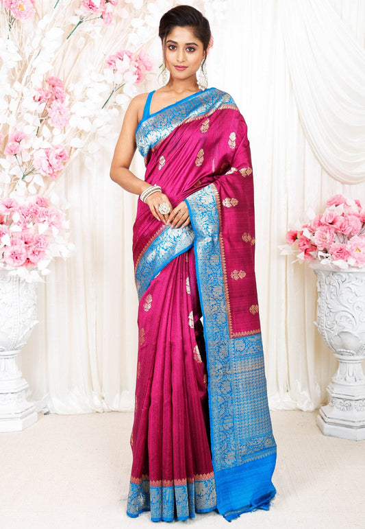 Magenta Tussar Pure Silk Saree with Blouse Piece - Adi Akshoy & Co.