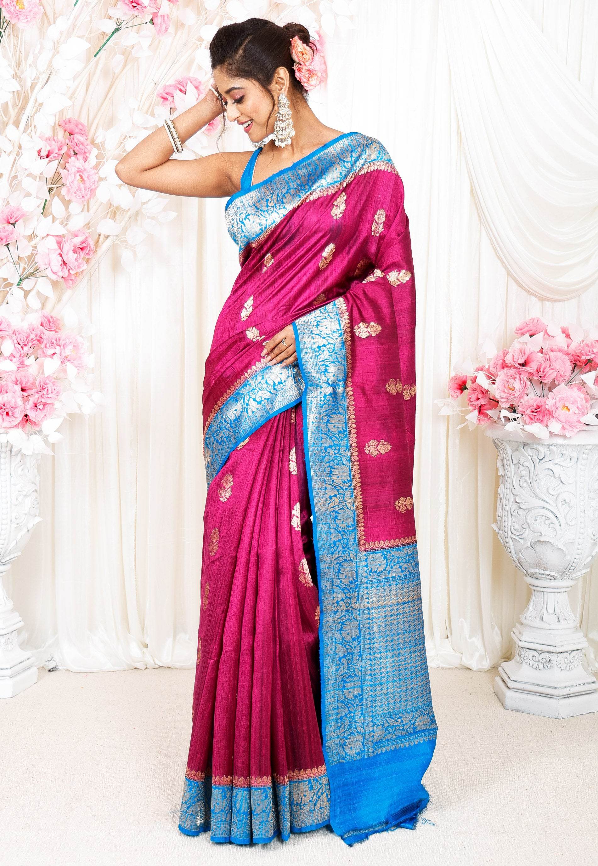 Magenta Tussar Pure Silk Saree with Blouse Piece - Adi Akshoy & Co.