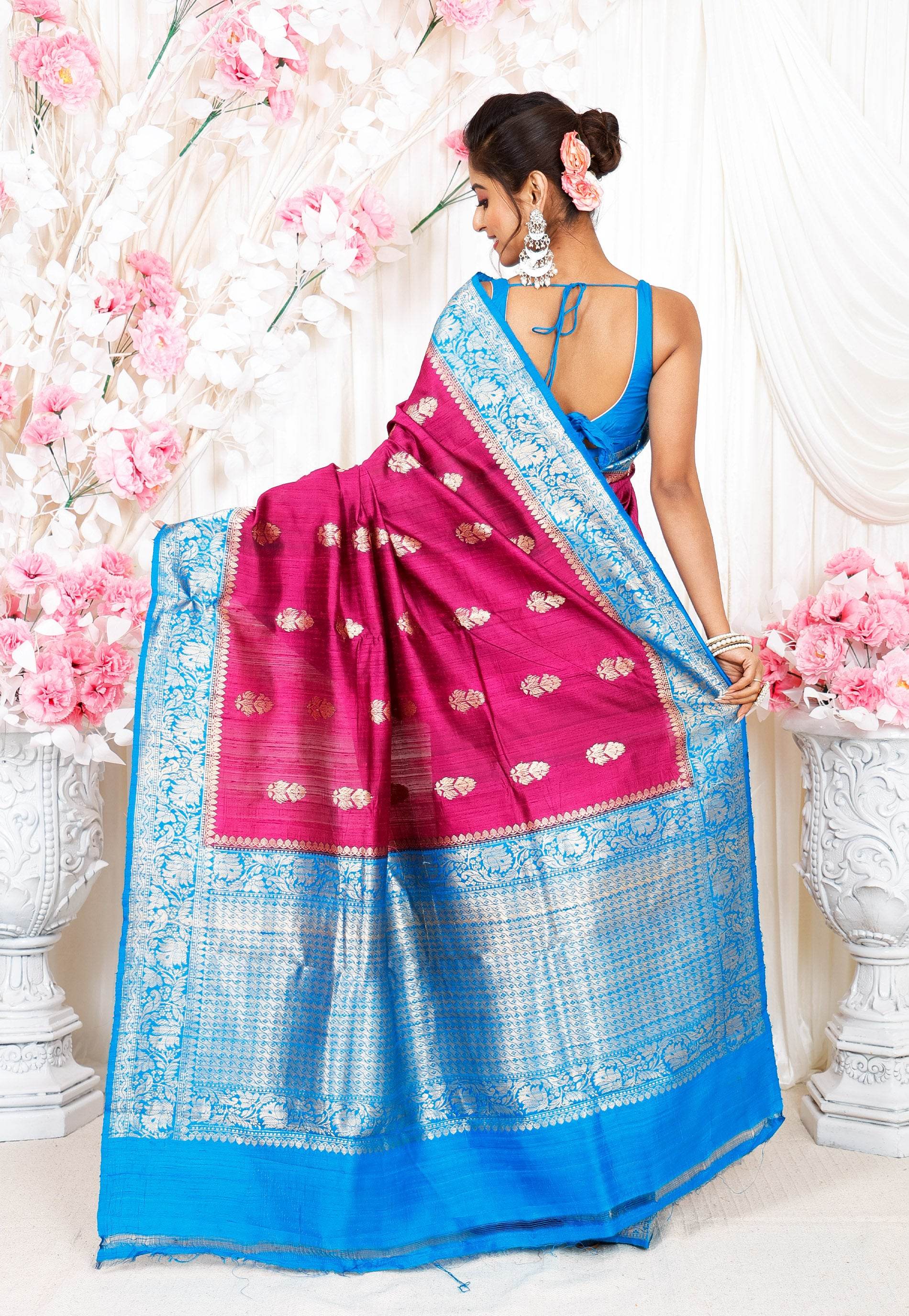 Magenta Tussar Pure Silk Saree with Blouse Piece - Adi Akshoy & Co.