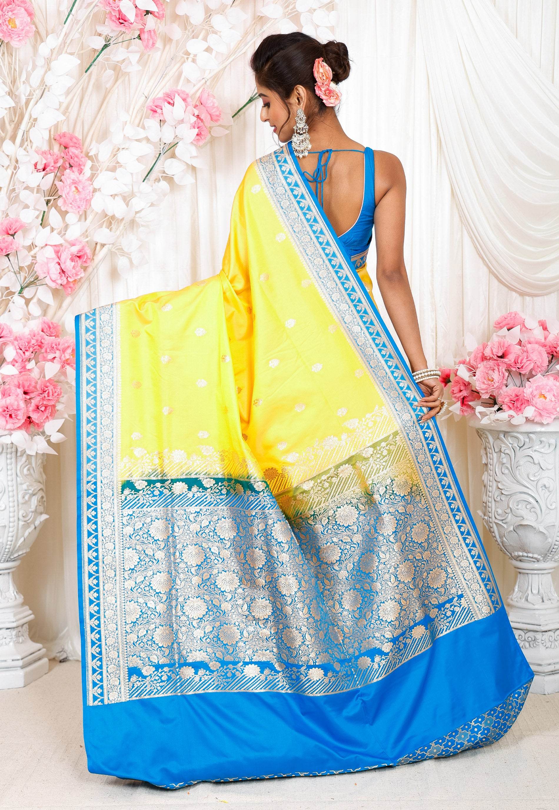 Yellow with Feroza Blue Border Pastel Banarasi Silk Saree With Blouse Piece - Adi Akshoy & Co.