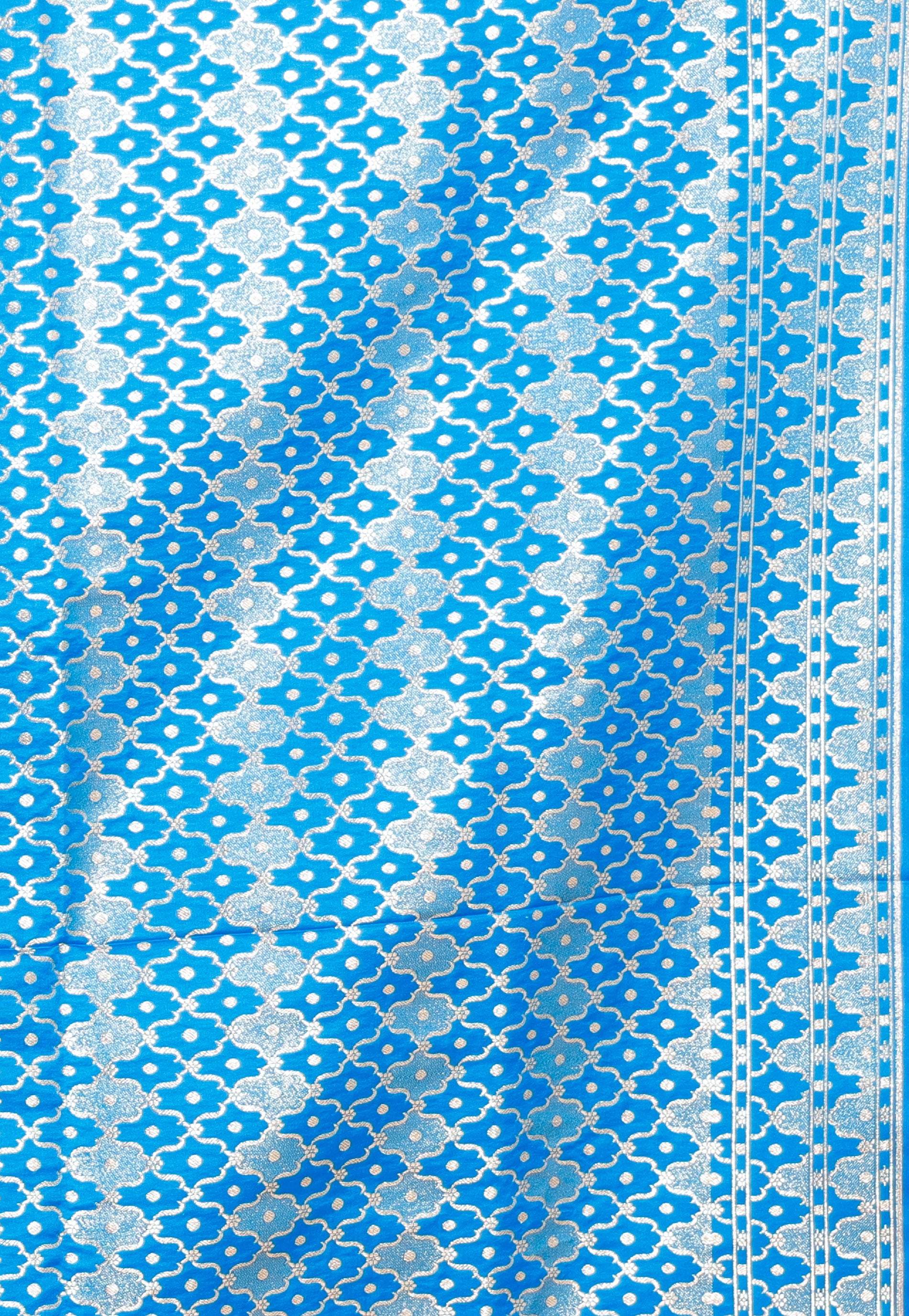 Yellow with Feroza Blue Border Pastel Banarasi Silk Saree With Blouse Piece - Adi Akshoy & Co.