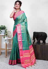 Green Tissue Silk Saree With Blouse Piece - Adi Akshoy & Co.