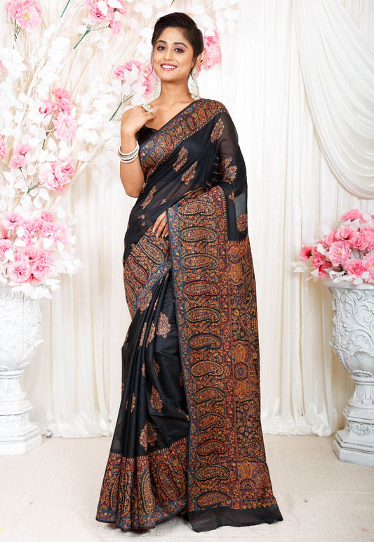 Black Kani Silk Saree With Blouse Piece - Adi Akshoy & Co.