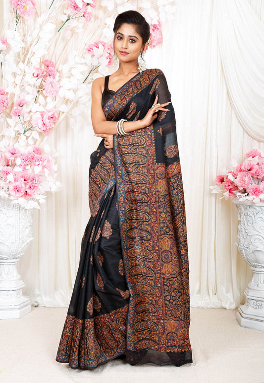Black Kani Silk Saree With Blouse Piece - Adi Akshoy & Co.