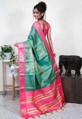 Green Tissue Silk Saree With Blouse Piece - Adi Akshoy & Co.