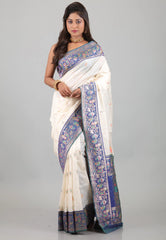 White with Blue Border Baluchari Silk Saree with Blouse Piece - Adi Akshoy & Co.