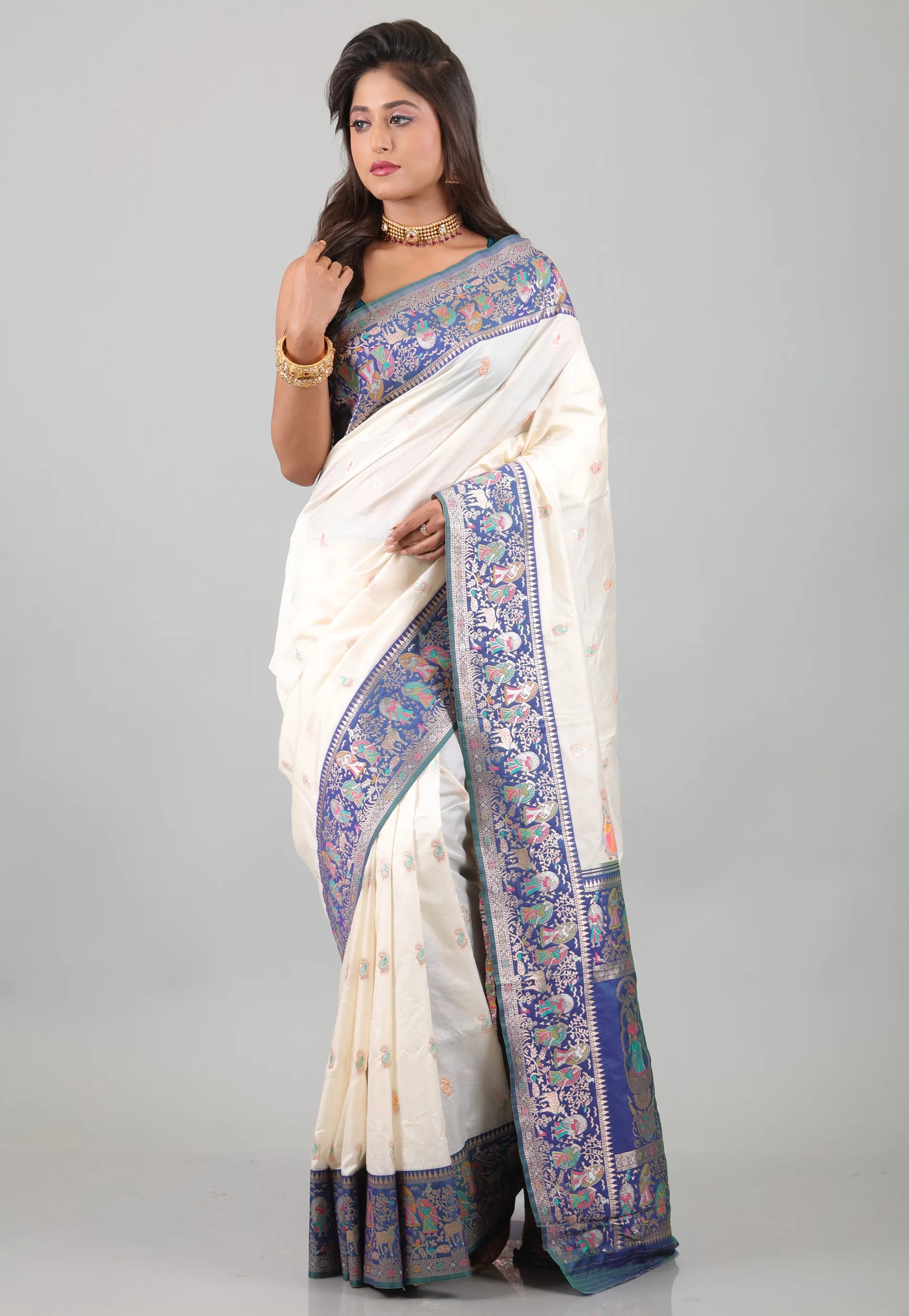 White with Blue Border Baluchari Silk Saree with Blouse Piece - Adi Akshoy & Co.