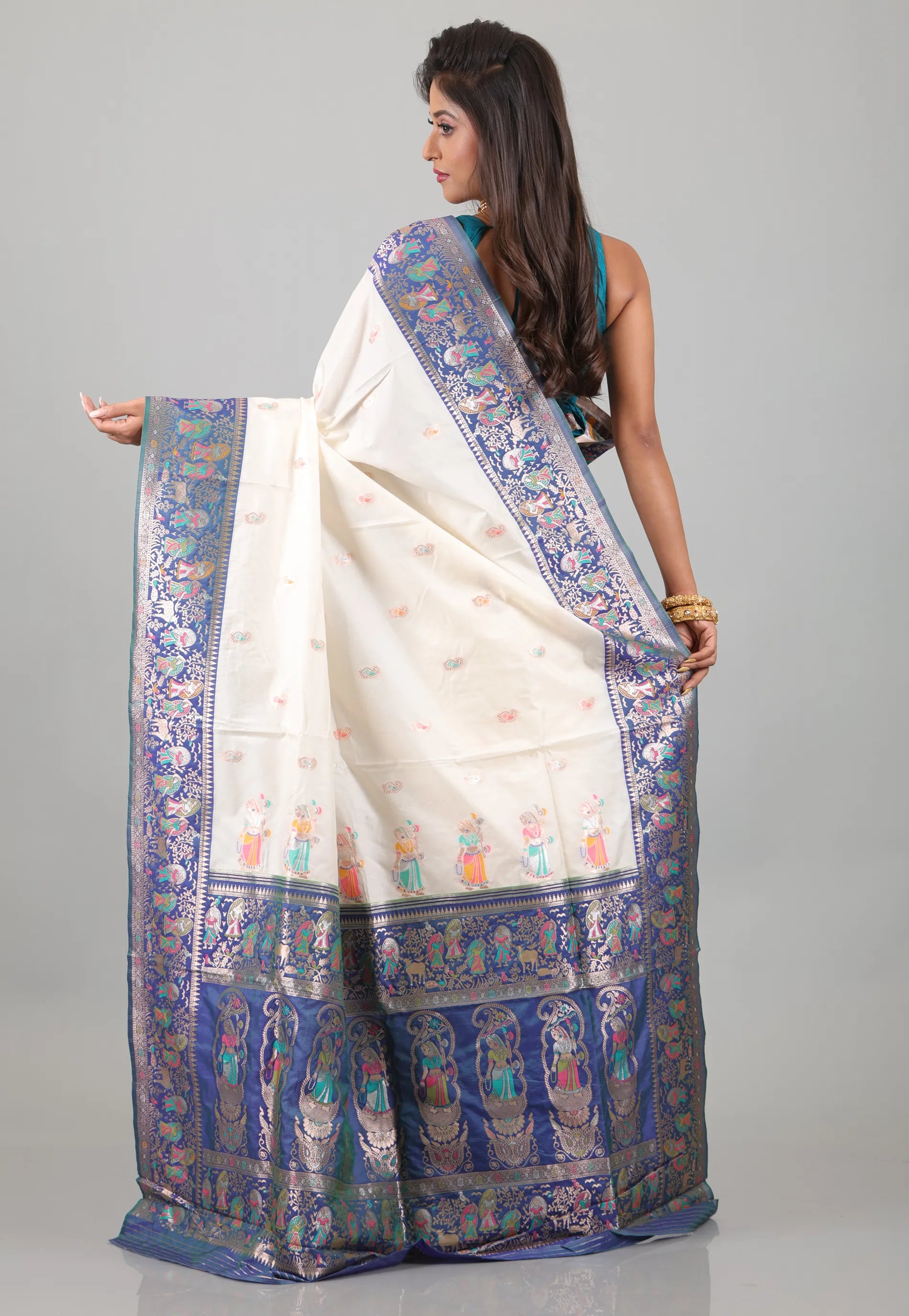 White with Blue Border Baluchari Silk Saree with Blouse Piece - Adi Akshoy & Co.