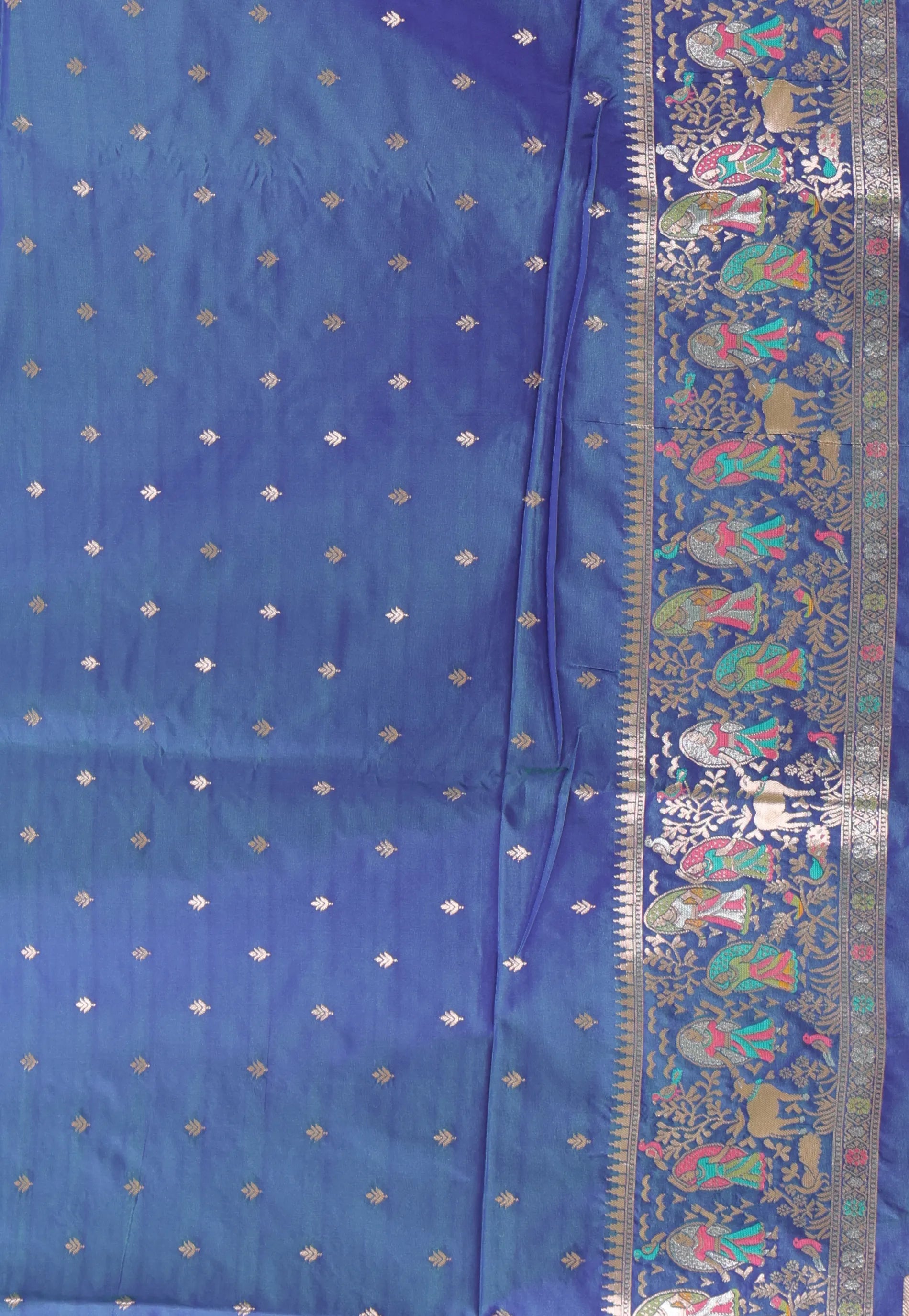 White with Blue Border Baluchari Silk Saree with Blouse Piece - Adi Akshoy & Co.