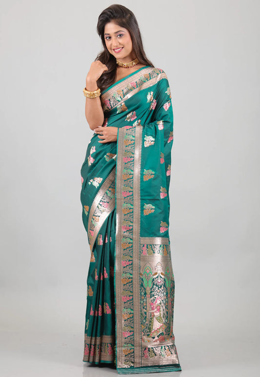 Rama Green with Zari work Baluchari Silk Saree with Blouse Piece - Adi Akshoy & Co.