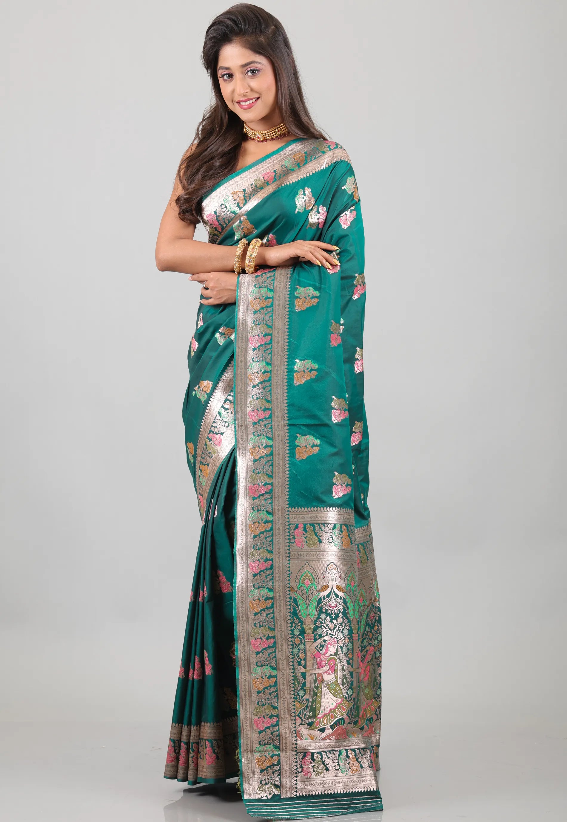 Rama Green with Zari work Baluchari Silk Saree with Blouse Piece - Adi Akshoy & Co.