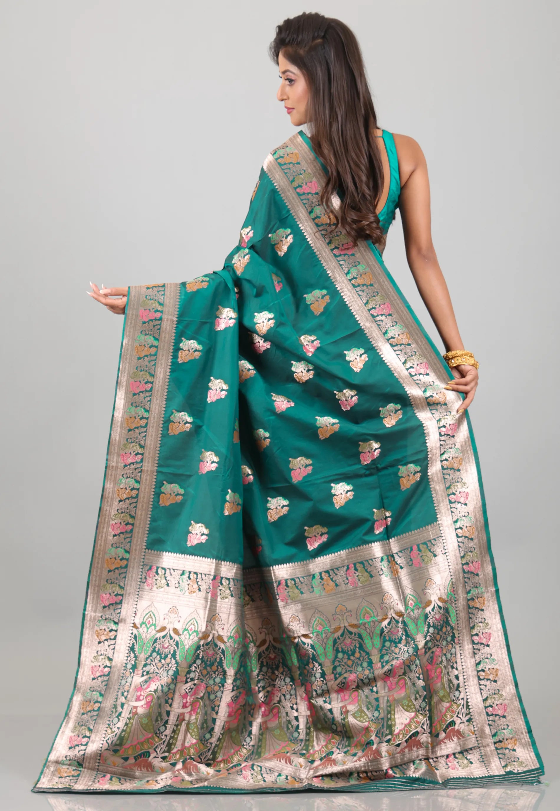 Rama Green with Zari work Baluchari Silk Saree with Blouse Piece - Adi Akshoy & Co.