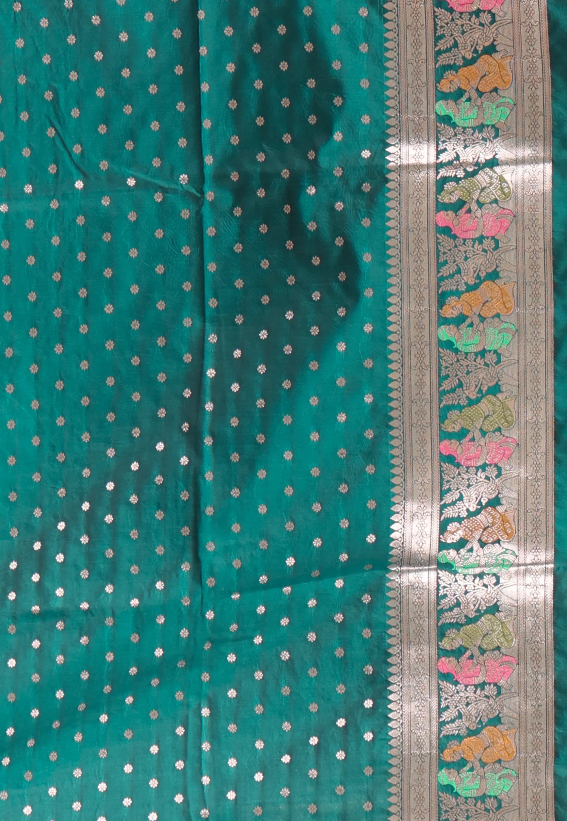 Rama Green with Zari work Baluchari Silk Saree with Blouse Piece - Adi Akshoy & Co.
