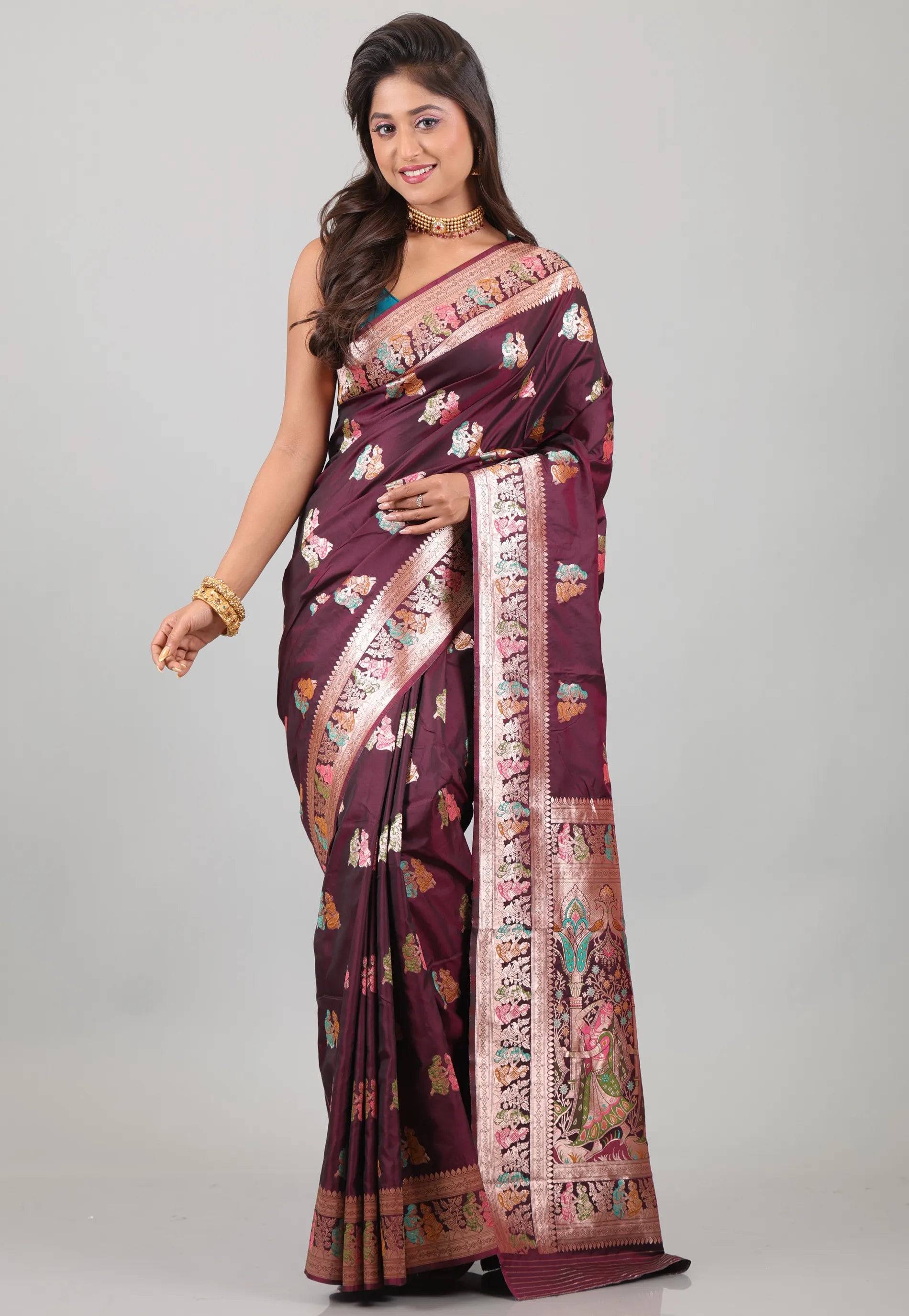 Maroon with Zari work Baluchari Silk Saree with Blouse Piece - Adi Akshoy & Co.