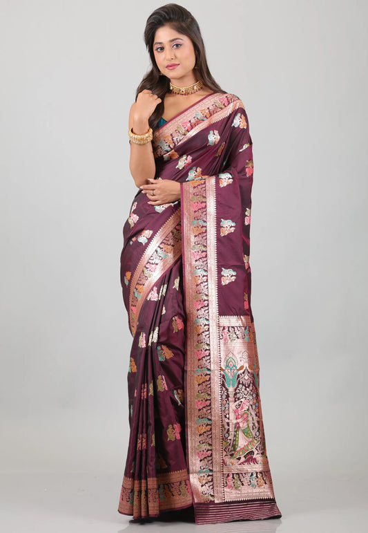 Maroon with Zari work Baluchari Silk Saree with Blouse Piece - Adi Akshoy & Co.