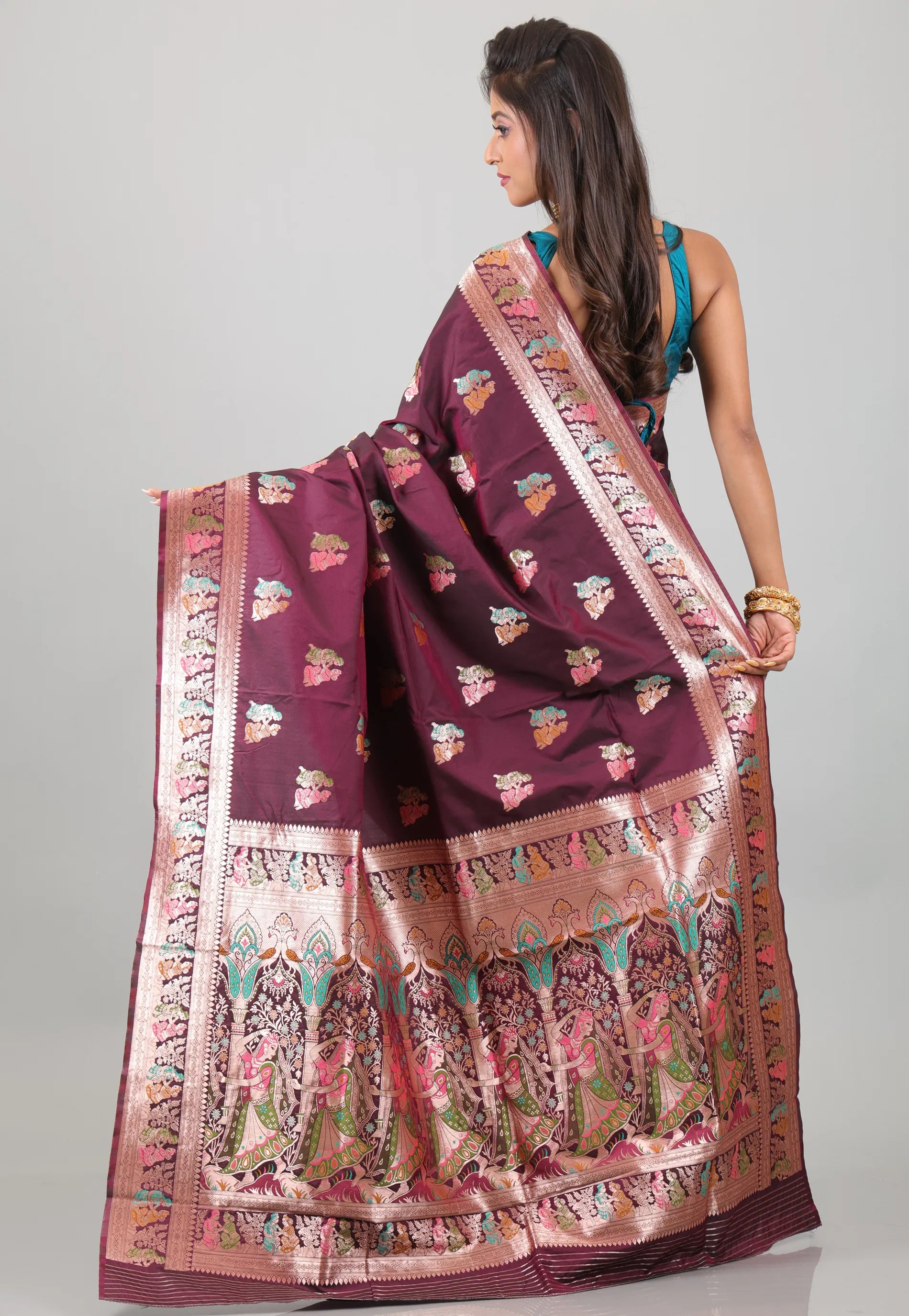 Maroon with Zari work Baluchari Silk Saree with Blouse Piece - Adi Akshoy & Co.