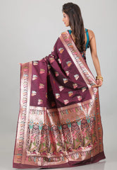 Maroon with Zari work Baluchari Silk Saree with Blouse Piece - Adi Akshoy & Co.