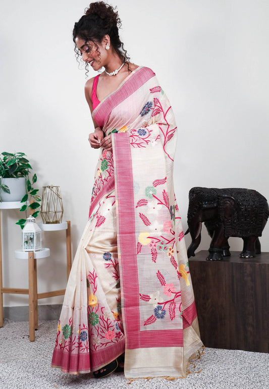 Tussar color Silk Saree with Blouse Piece - Adi Akshoy & Co.