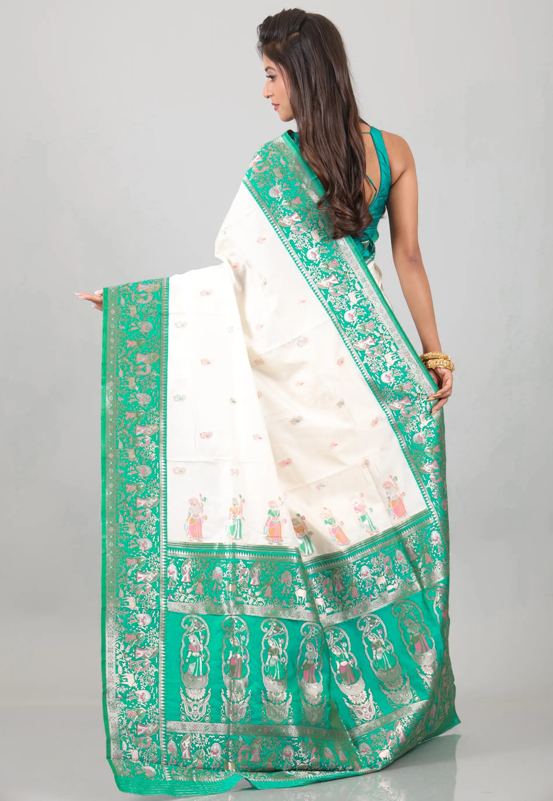 White with Green Border Baluchari Silk Saree with Blouse Piece – Adi Akshoy & Co.