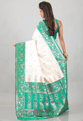 White with Green Border Baluchari Silk Saree with Blouse Piece – Adi Akshoy & Co.