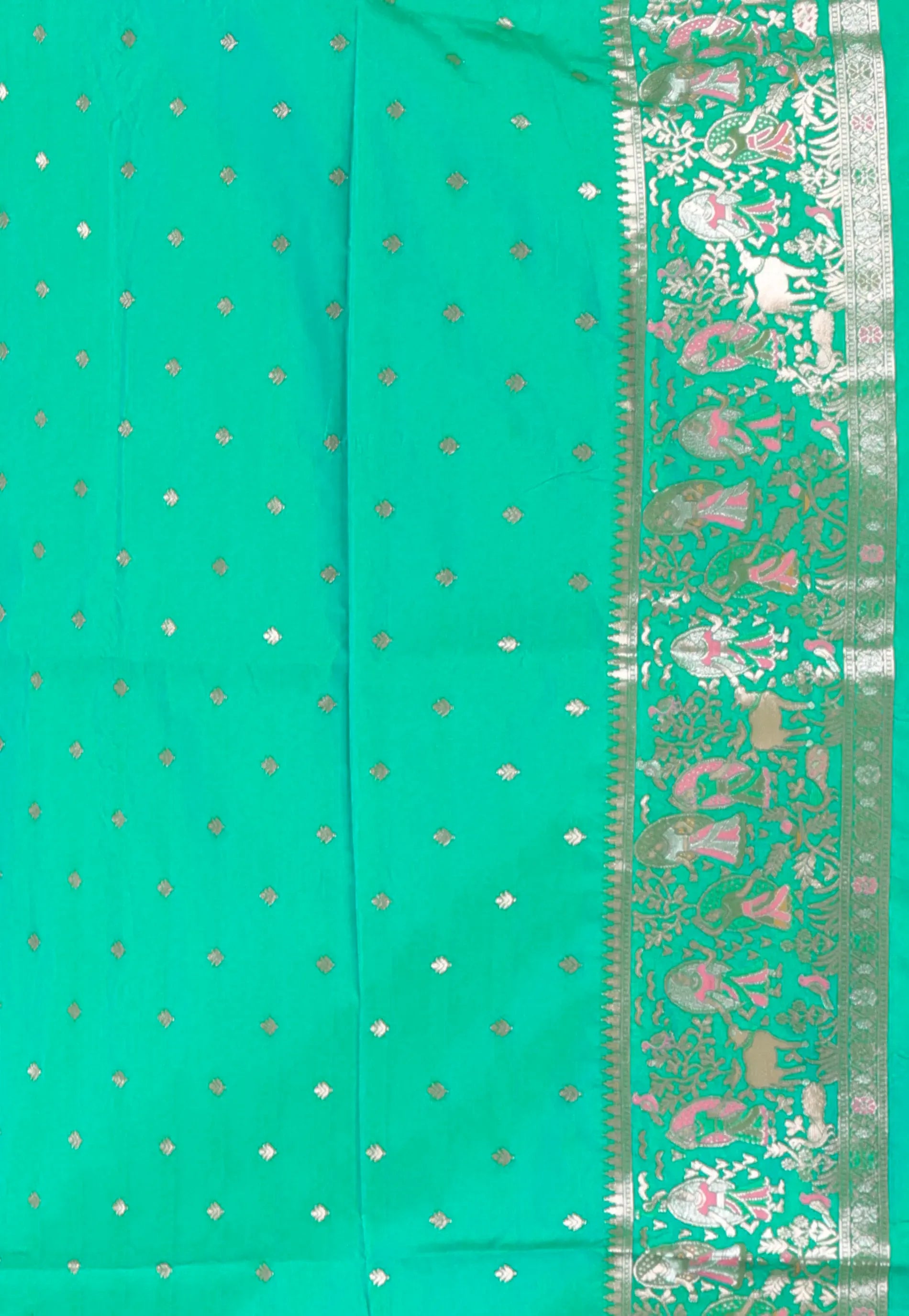 White with Green Border Baluchari Silk Saree with Blouse Piece – Adi Akshoy & Co.