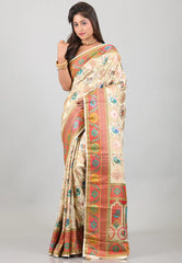 Beige Kani Silk Saree With Blouse Piece - Adi Akshoy & Co.