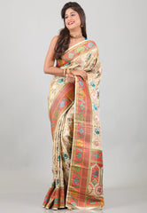 Beige Kani Silk Saree With Blouse Piece - Adi Akshoy & Co.